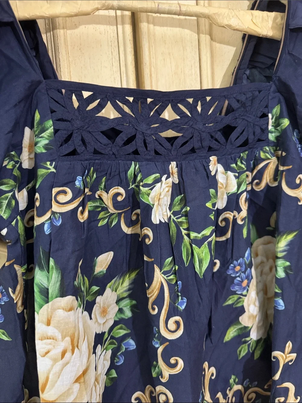 Farm Rio FLOWER TAPESTRY BLUE FLOWERED YOKE BLOUSE Size XSmall